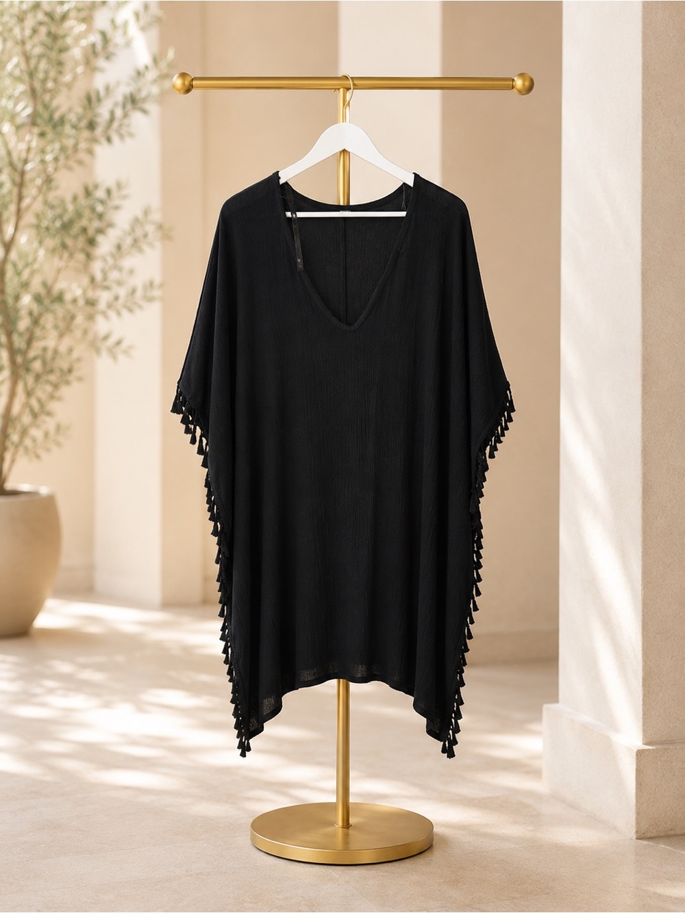 Black Tassel Trim Beach Cover Up Kaftan Swim Cover Up - Picture 4 of 5